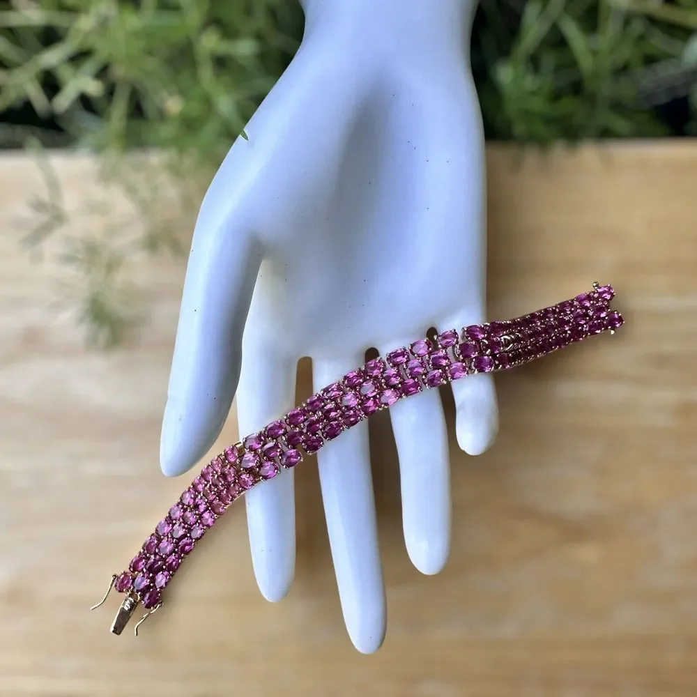 Link Bracelet Lab Pink Sapphires 3 Tier Size 7 Gold Plated Sterling Silver 42.7g